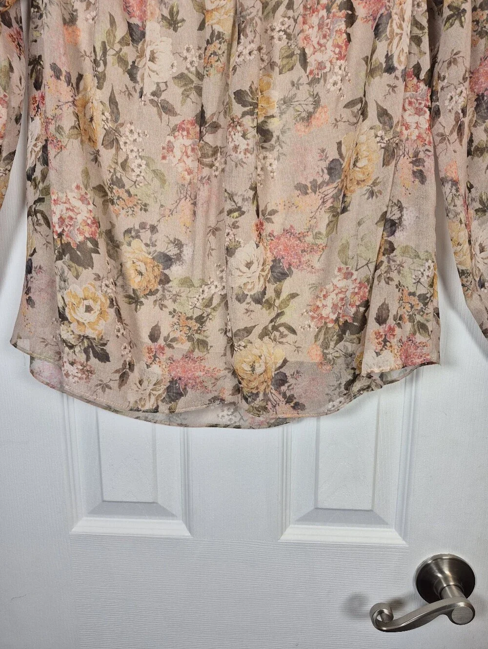 Whimsigoth Romantic Floral Sheer Balloon Sleeve Cold Shoulder Blouse S
